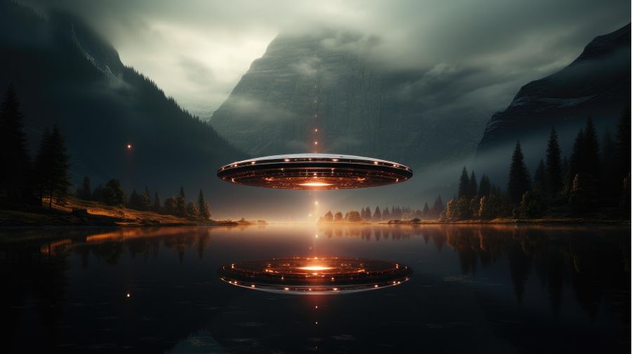 Photo générée par IA représentant un vaisseau extraterrestre au-dessus d'un lac